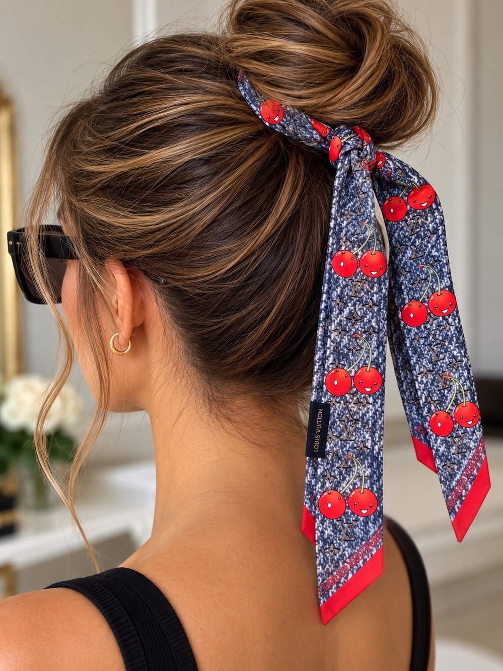 Designer Cherry Print Hair Scarf - Navy & Red